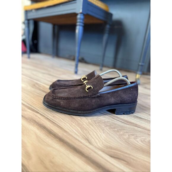 Gucci Mens Dark Brown Chocolate Suede Gold Horse-bit Buckle Loafers Size 10 - Picture 10 of 14
